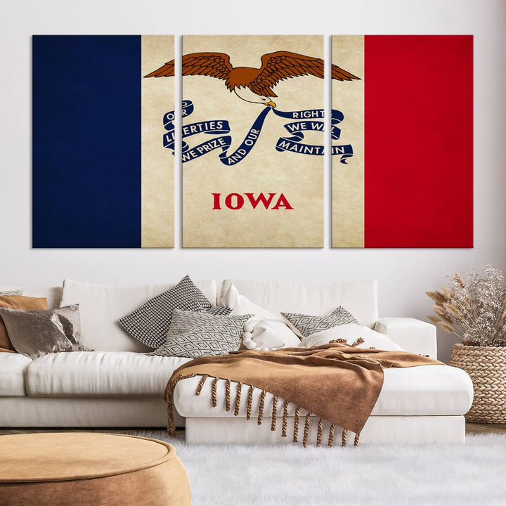 A beautiful Iowa States Flag Wall Art enhances the area, made on museum-quality canvas and boasting a gallery-wrapped design for enduring elegance.