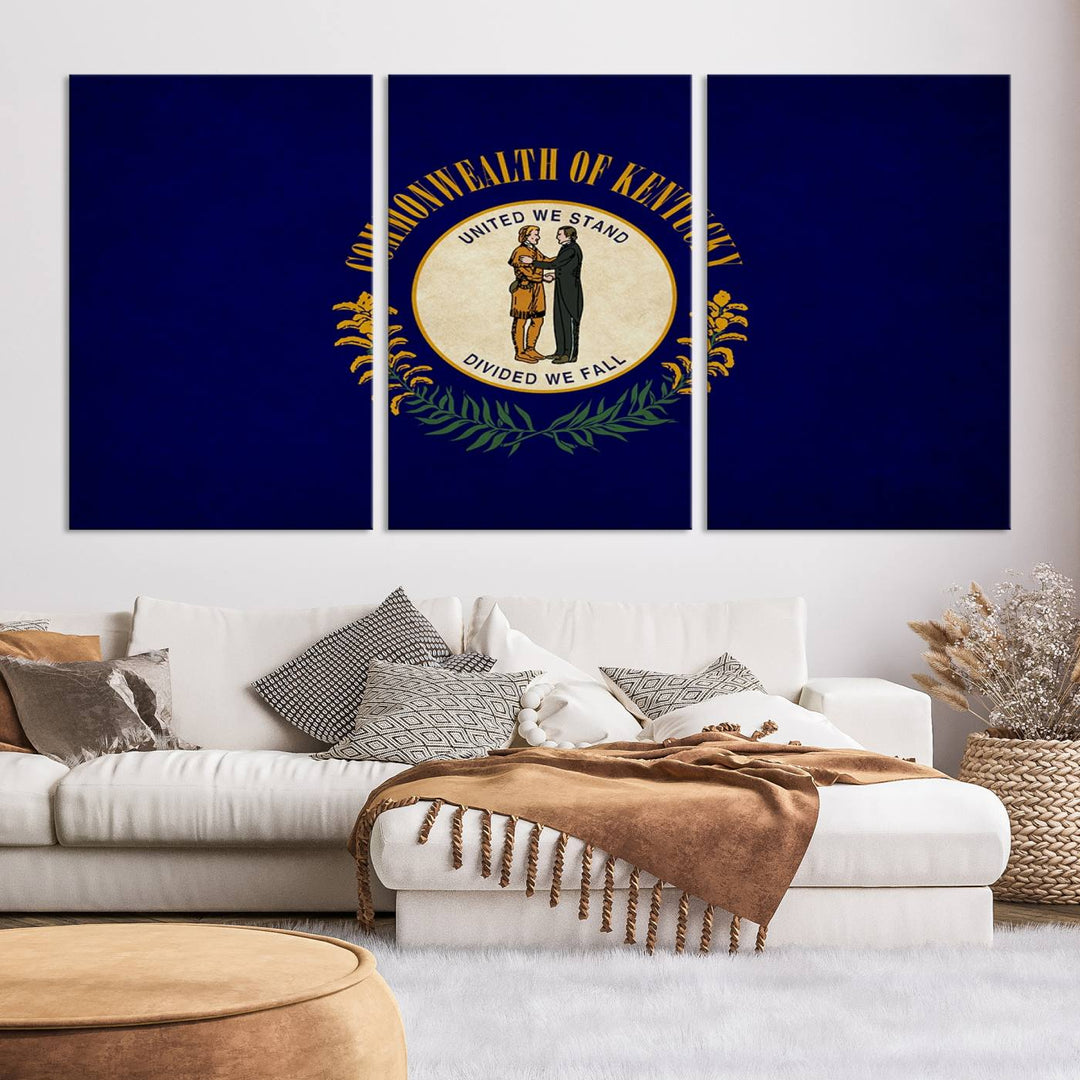 A museum-quality canvas of the Kentucky State Flag Wall Art graces the wall, featuring a UV-protective coating to maintain its vivid colors. Benefit from free shipping on this impressive home decor piece.