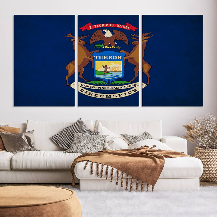 A piece of Michigan State Flag Wall Art on museum-quality canvas features a UV-protective coating to maintain its vibrant colors.