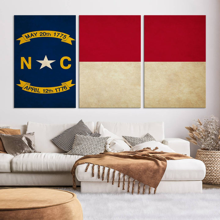 A museum-quality North Carolina State Flag Wall Art Canvas Print graces the wall, adding charm and character to any living space. Enjoy free shipping on this timeless piece.