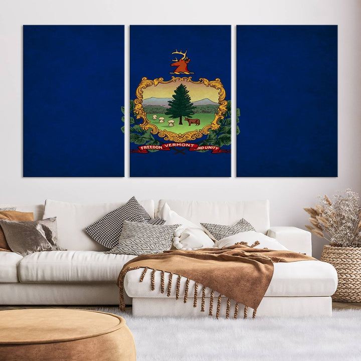 The Vermont Flag Wall Art Canvas Print is a museum-quality piece enhanced with UV-protective finishes, offering both style and durability. Enjoy free shipping on this classic decor addition.