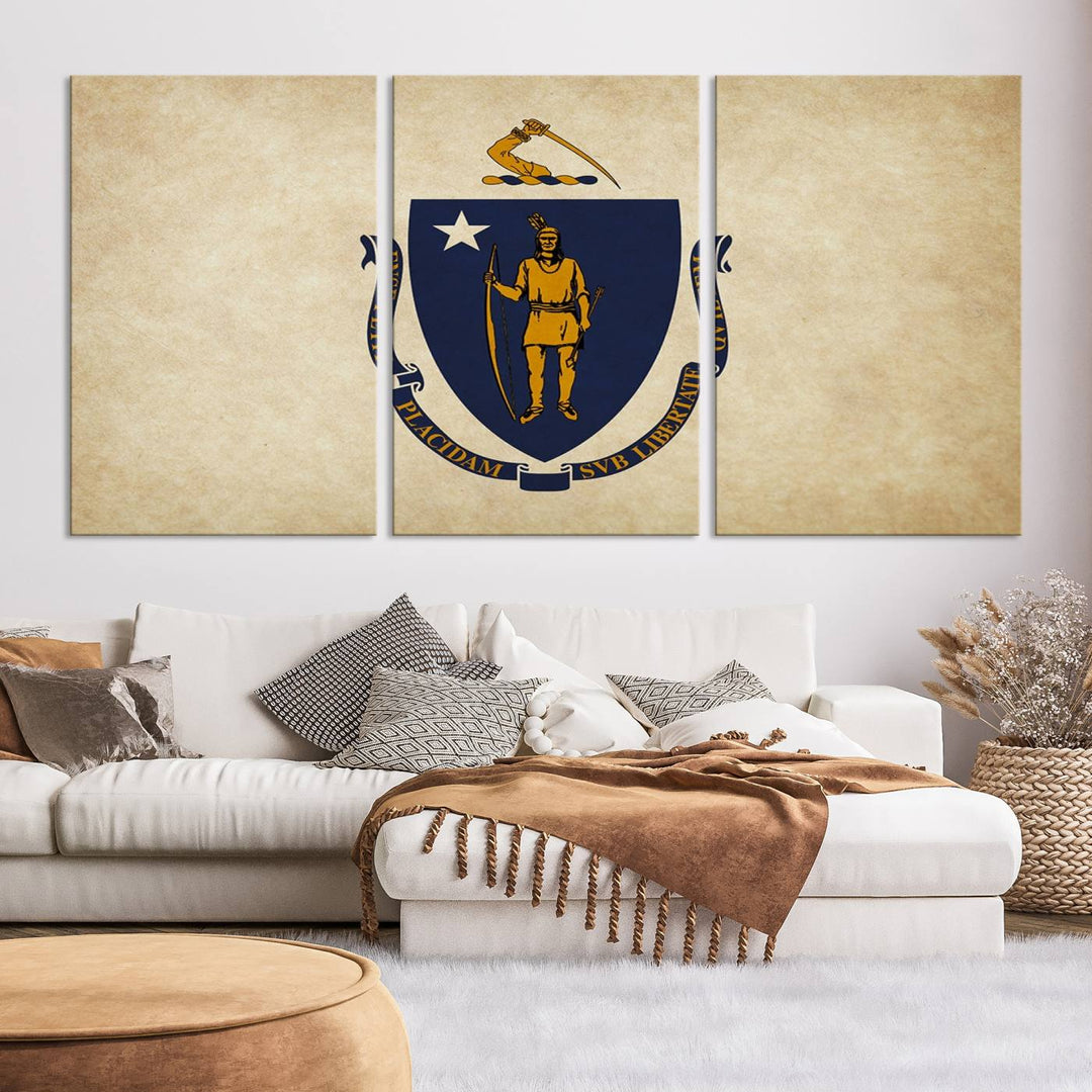 The Massachusetts State of Flag Wall Art Canvas Print, handcrafted on a museum-quality canvas with UV-protective coating, decorates the wall. It is ready to hang and adds a touch of elegance to the space.