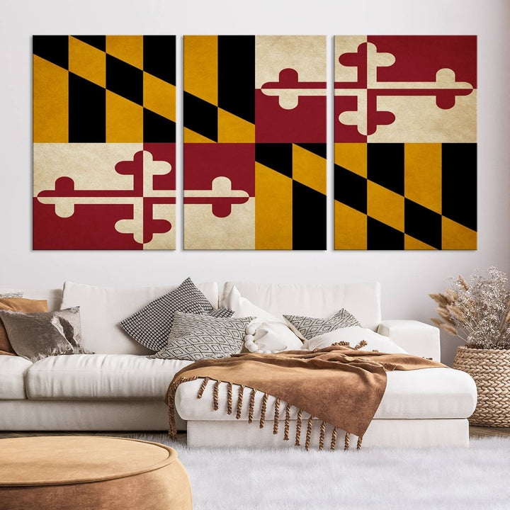 The Maryland Flag Wall Art Canvas Print, boasting a UV-protective coating for vibrant colors and durability, is a museum-quality piece offered with free shipping, making it the perfect addition to your space.