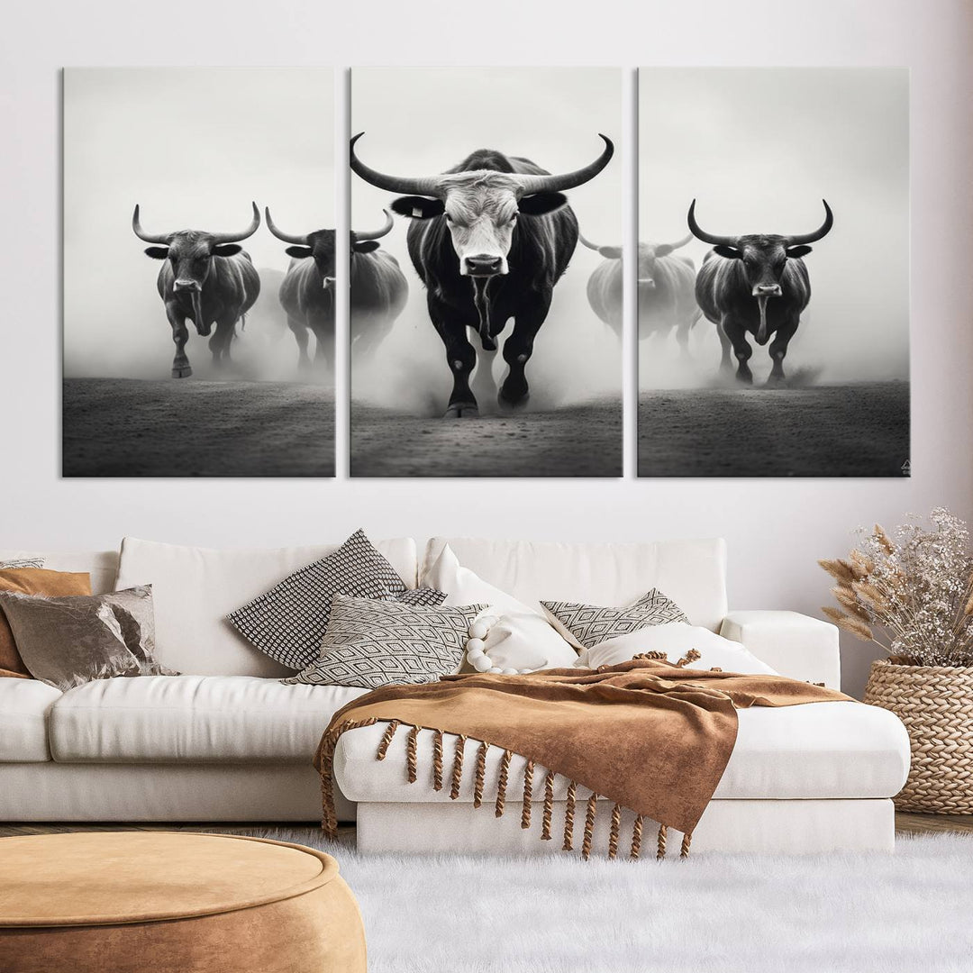 The Texas Longhorn Cow Animal Wall Art Canvas Print beautifully embellishes the area with its depiction of longhorn cattle in a misty setting, seamlessly integrating Western decor into the space.