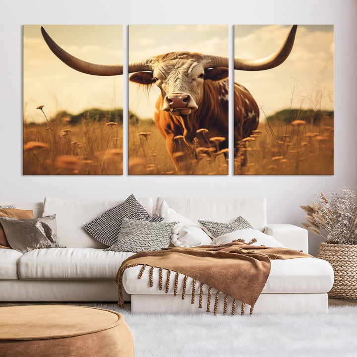 Cow Bighorn Wall Art Canvas Print, Longhorn Texas Cow Animal Canvas Print