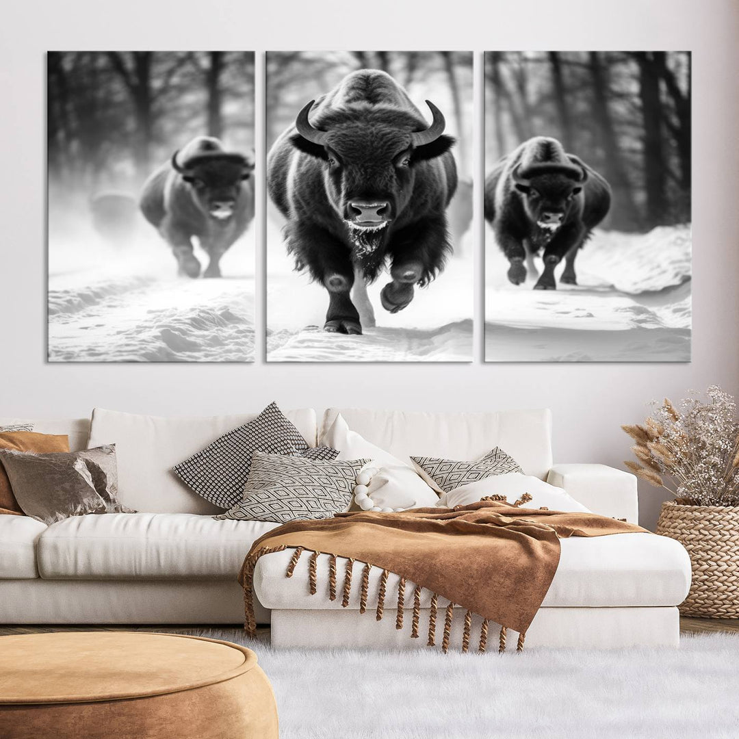 Transform your living room with the Buffalo Wall Art Canvas Print triptych, showcasing a bison family in motion across a snowy landscape. This striking Western decor piece becomes the focal point of any room.