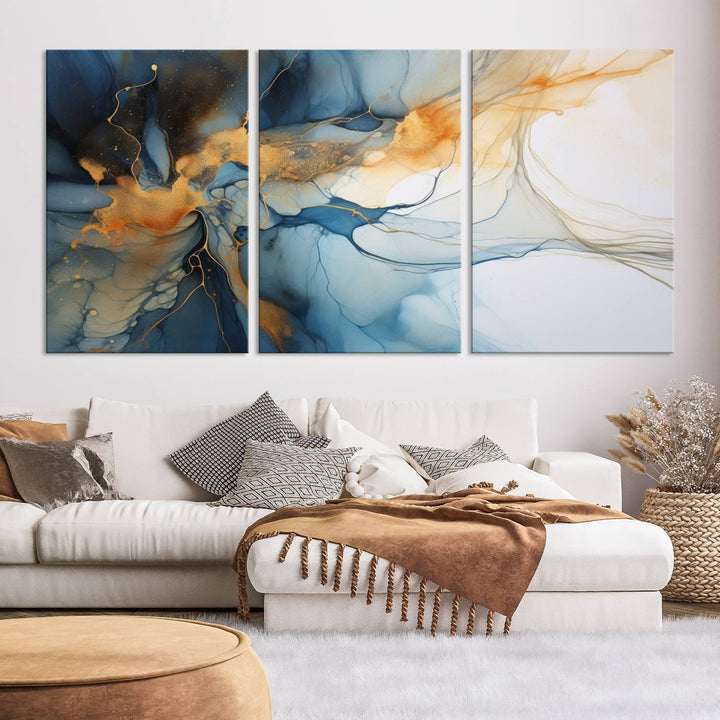 Art mural abstrait bleu marine orange, impression abstraite, impression sur toile abstraite