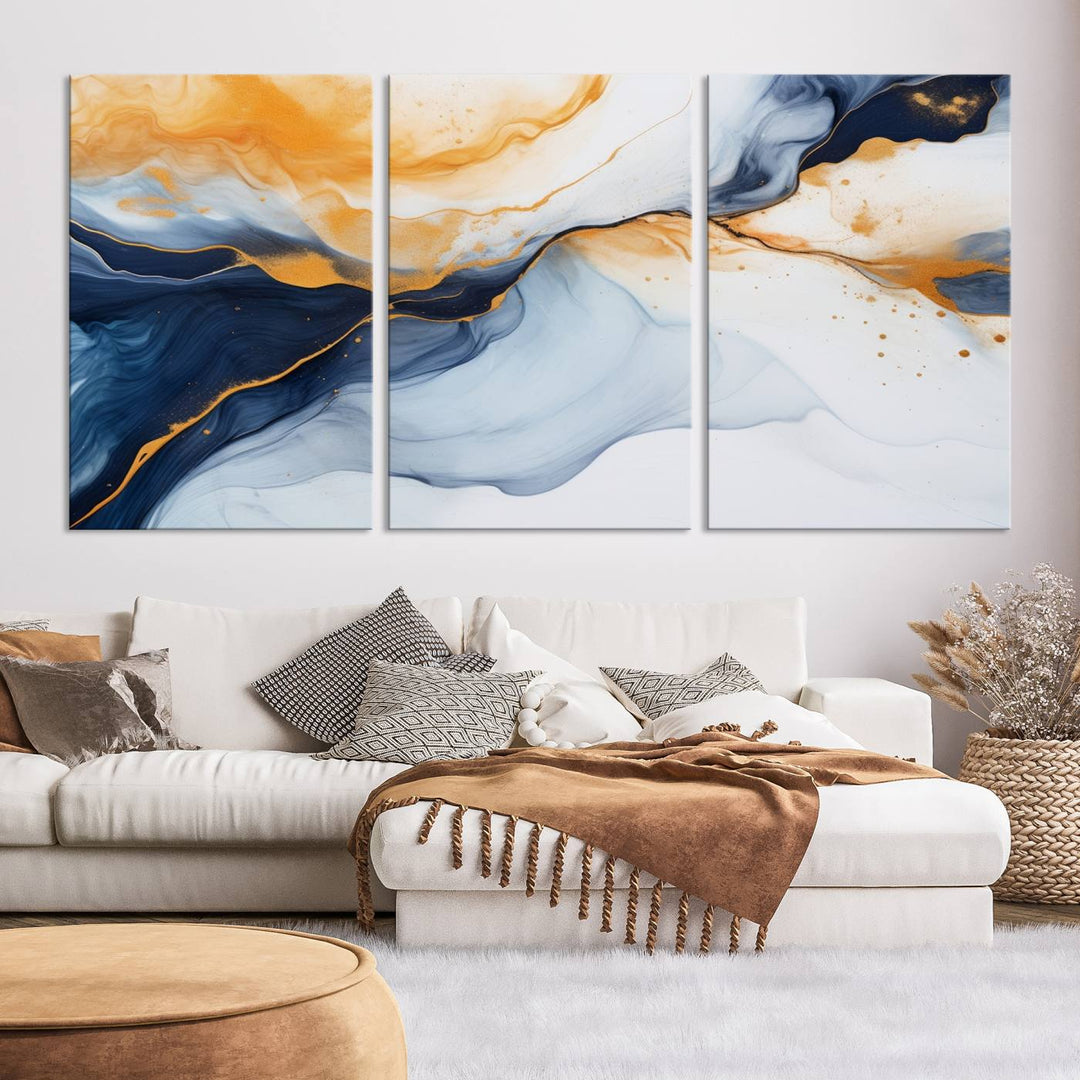 Modern living room featuring the 'Extra Large Orange Navy Blue Abstract Wall Art Canvas Print.'