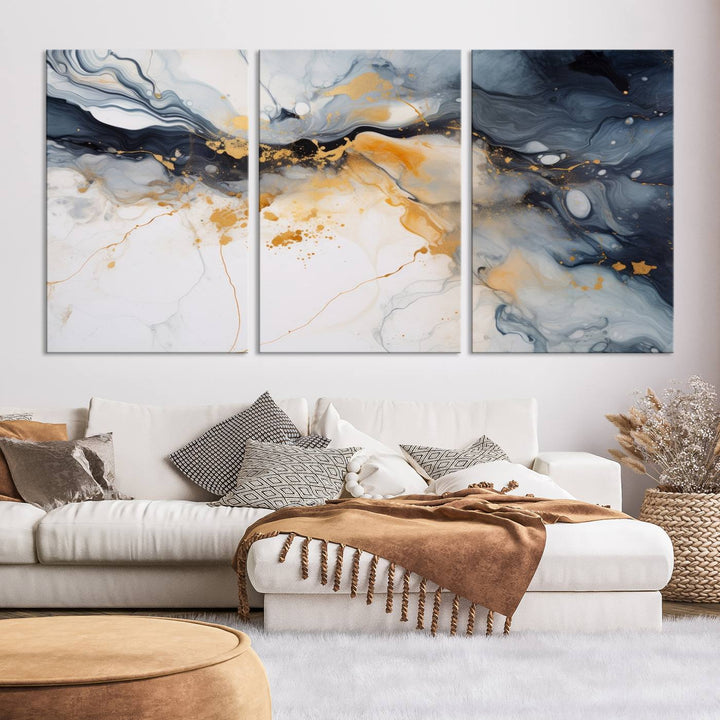 The Dark Blue and Orange Abstract Wall Art, featuring museum-quality canvas with captivating dark and golden swirls, is ready to hang and boasts a UV-protective coating to ensure enduring vibrancy and sophistication.