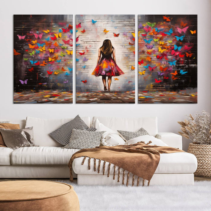 A vibrant artwork titled "Graffiti Wall Art Canvas Print Girl Butterfly Graffiti Abstract Canvas Print" is displayed above the couch. This gallery-wrapped masterpiece, printed on museum-quality canvas, features a UV-protective coating to preserve its vivid beauty.