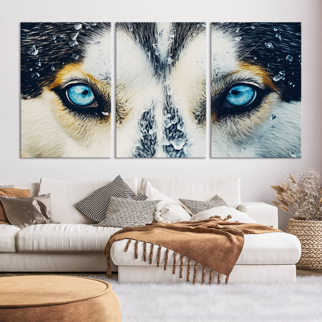 The captivating "Winter Siberian Husky Wolf EYE Wall Art Canvas Print" showcases the striking blue eyes of the animal portrait.