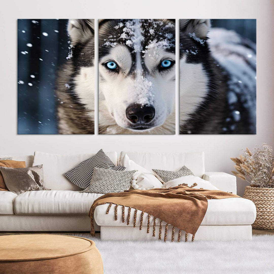 A digital art piece titled "Winter Siberian Husky Wolf Wall Art Canvas Print" showcases a blue-eyed husky blanketed in snow. Printed on high-quality canvas, it is an ideal choice for nature and dog enthusiasts.