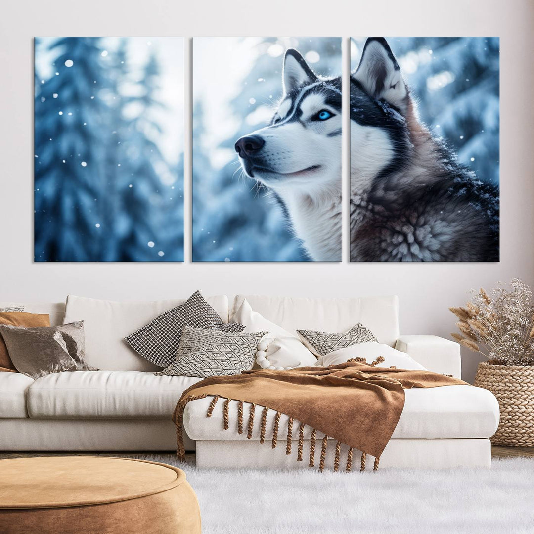 The "Winter Siberian Husky Wolf Wall Art Canvas Print" is elegantly displayed, enhancing the room's cozy ambiance in a snowy forest setting.