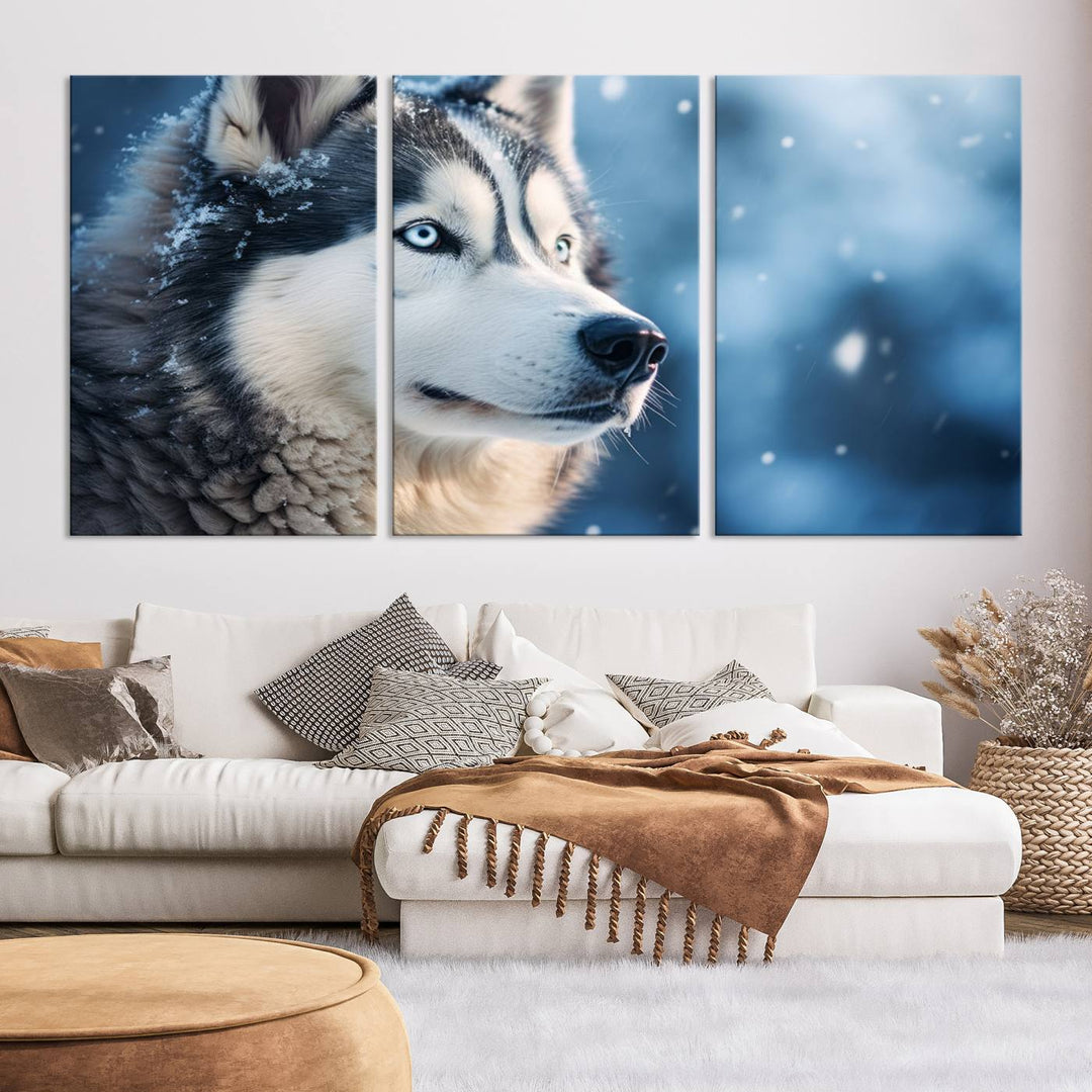 The space above the sofa features the Winter Siberian Husky Wolf Wall Art Canvas Print, creating a stunning snowy scene.