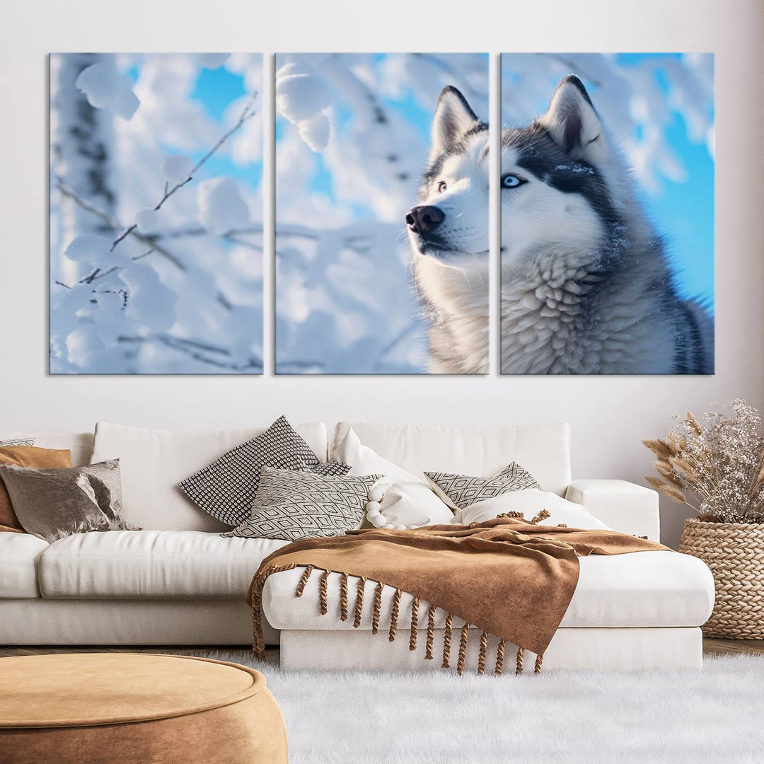 The Siberian Husky Art Canvas elegantly enhances the room.