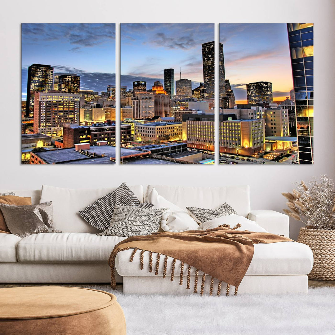 The modern living room features the Houston Wall Art Canvas Print on the wall. This professional craftsman framed masterpiece depicts a cityscape and is created with museum-quality polycotton canvas, ensuring a polished look that enhances its elegant charm.