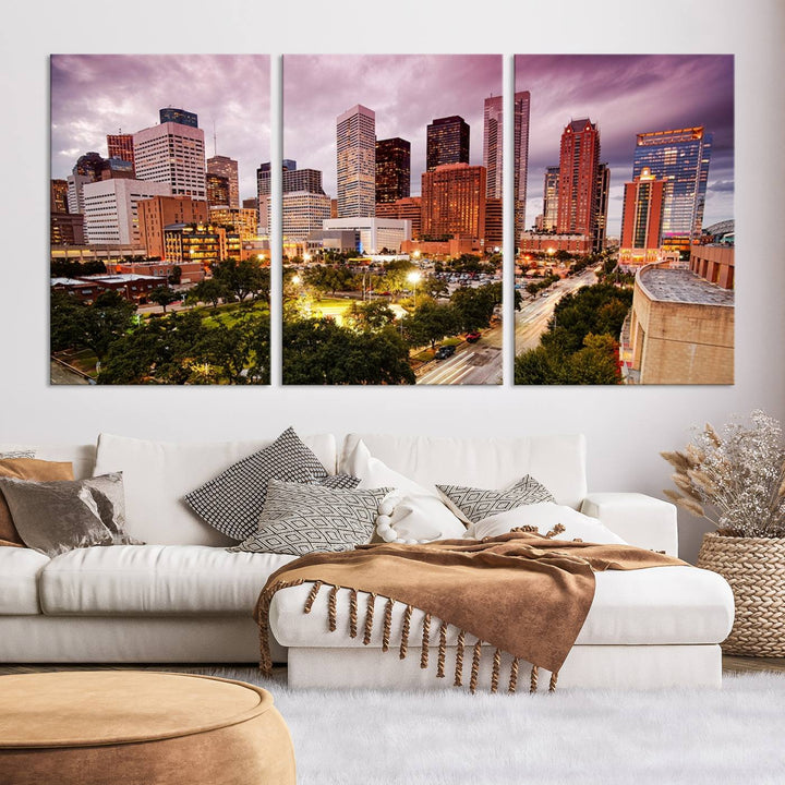 The Houston Wall Art Canvas Print in the living room displays a vibrant city skyline at twilight on museum-quality canvas with UV-protective coating.