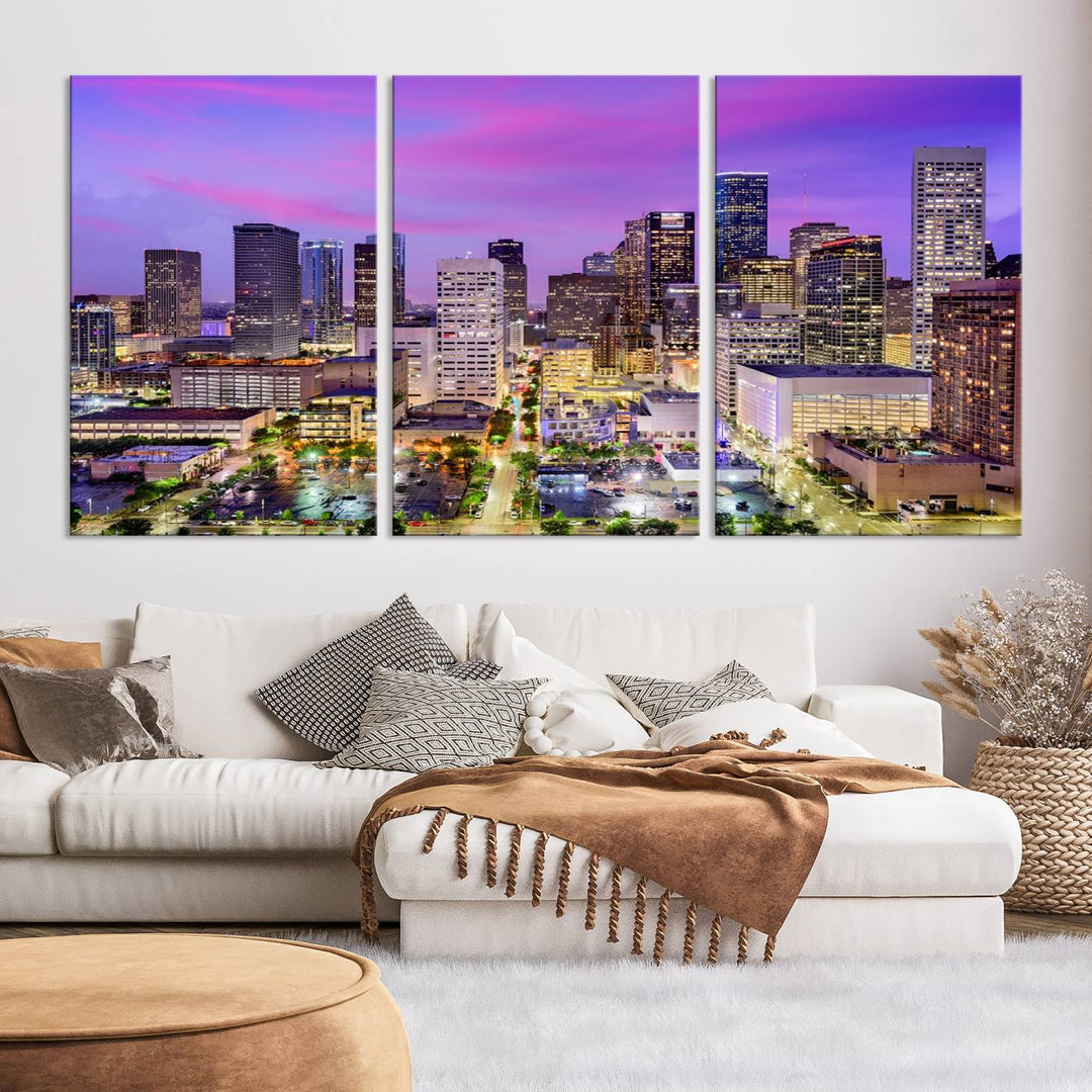 Houston Wall Art Canvas Print showcasing a vibrant cityscape at dusk on museum-quality canvas, expertly crafted by professional craftsmen.