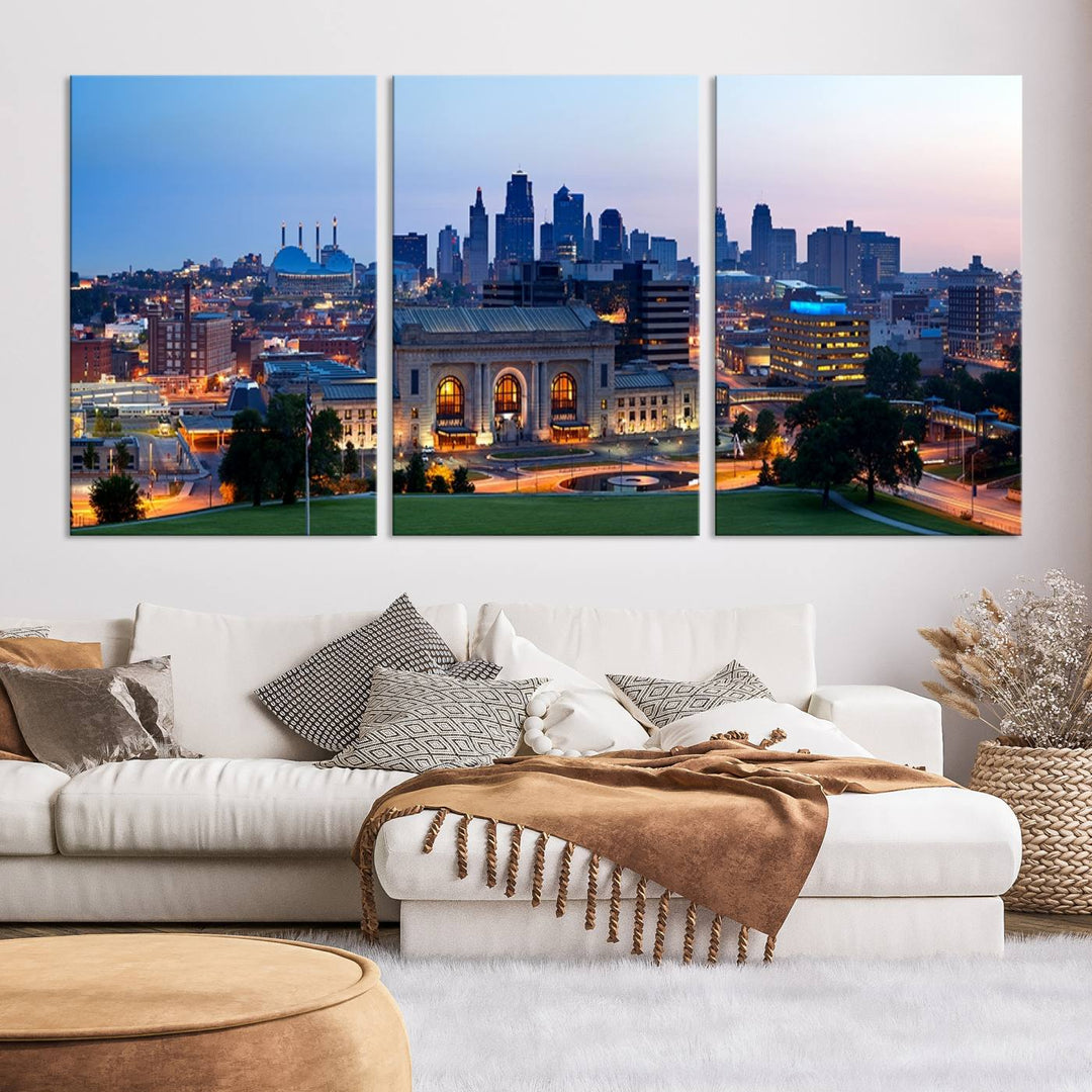 The Kansas City Skyline Canvas Wall Art Print hangs above, showcasing an iconic dusk cityscape with a historic building in the foreground, exuding urban sophistication.