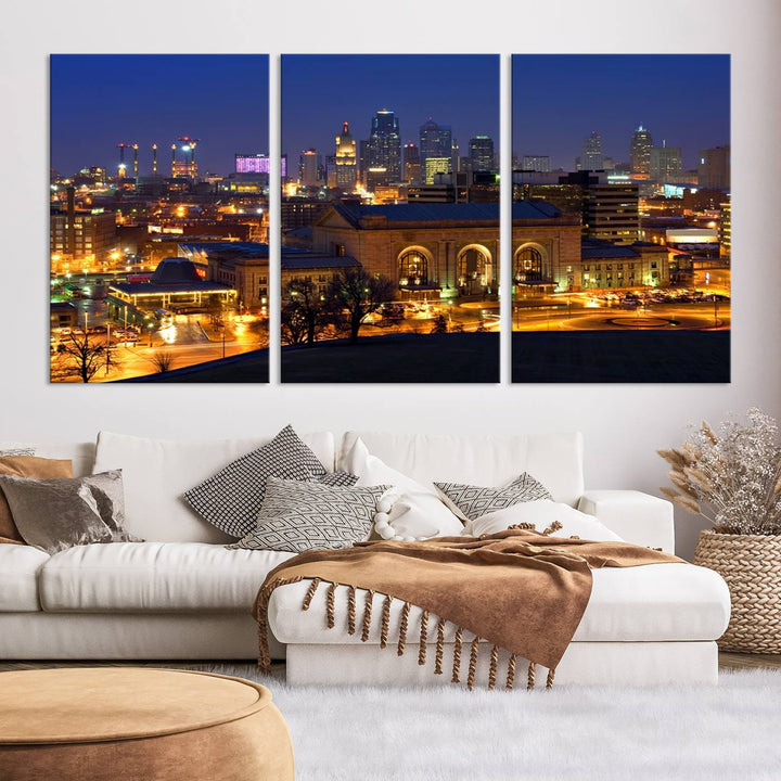 The Kansas City Night Canvas Print Wall Art creates a scene as captivating as museum-quality art, showcasing a city skyline at night with illuminated buildings.