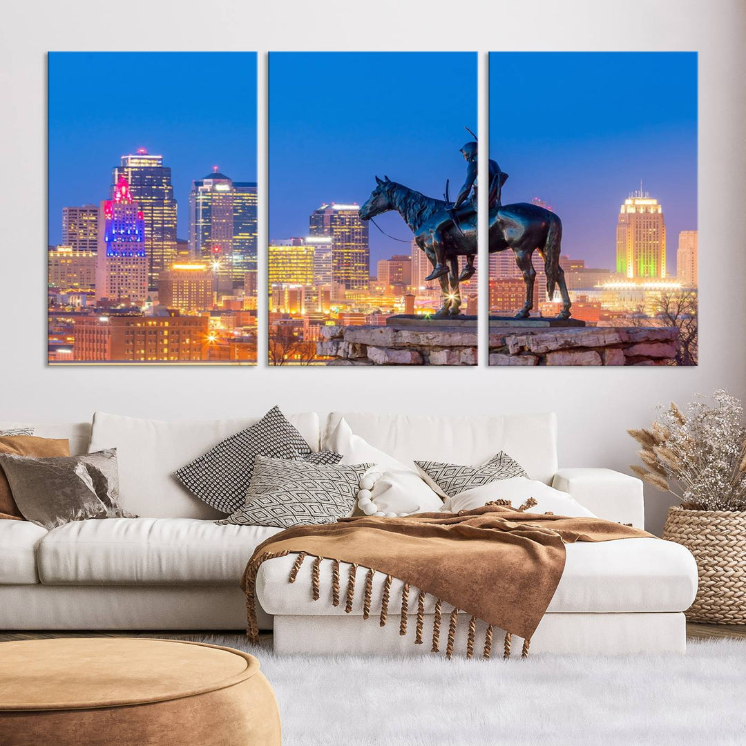 A large Kansas City Night Canvas Print Wall Art adorns the wall, gallery wrapped and finished with a UV-protective coating for lasting vibrancy.