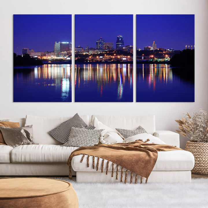 The Kansas City Night Canvas Print Wall Art captures the shimmering city skyline on the calm water, where every detail resembles a museum-quality polycotton masterpiece.