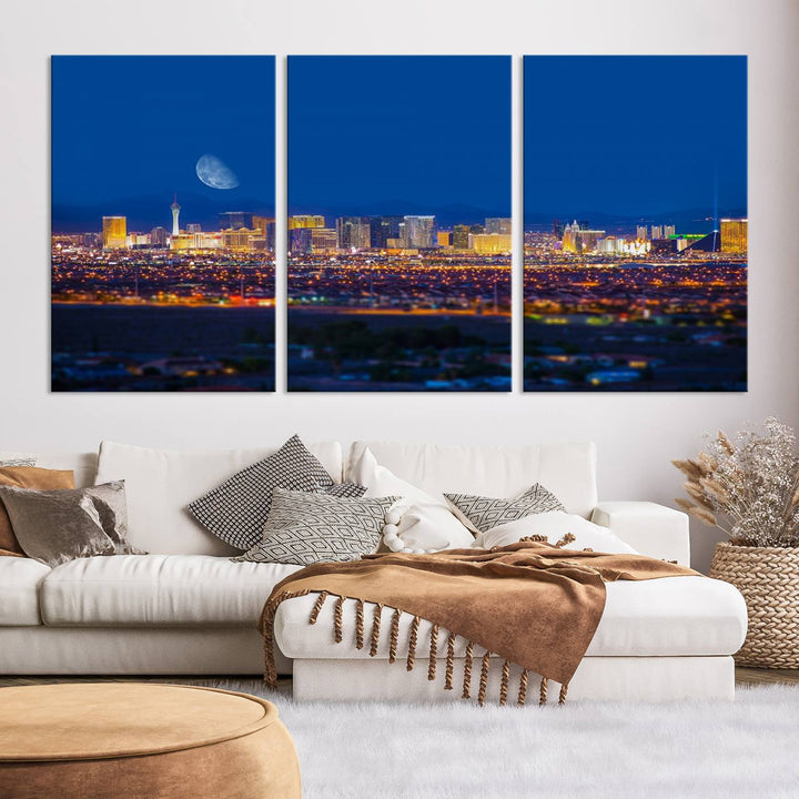 The Las Vegas Wall Art Canvas Print, depicting a city skyline at night, enhances a modern living room with its museum-quality canvas. This triptych comes ready to hang and boasts a UV-protective coating for lasting brilliance.