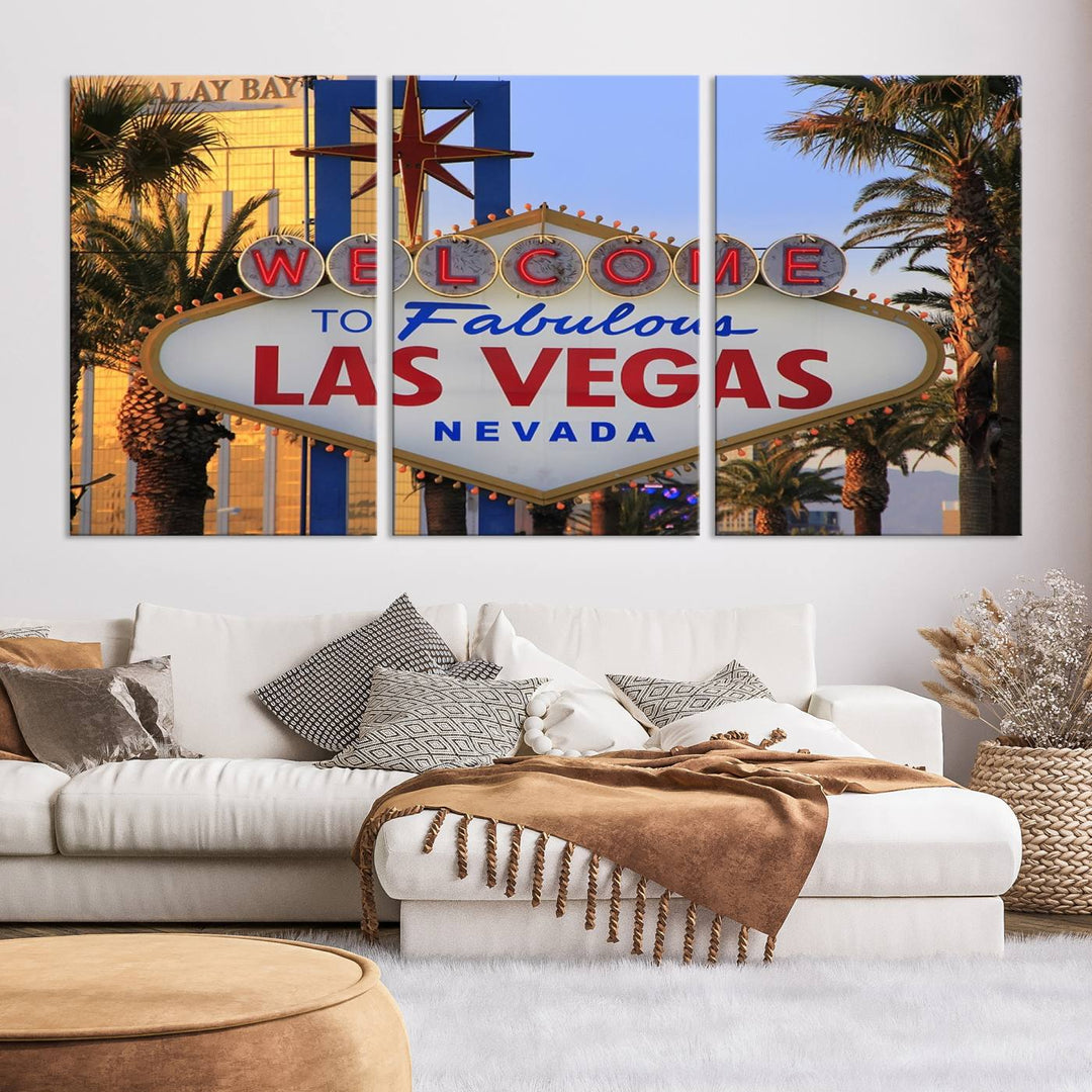 A Las Vegas Wall Art Canvas Print hangs on the wall, showcasing the iconic Welcome to Fabulous Las Vegas, Nevada sign. The museum-quality canvas guarantees vibrant colors with its UV-protective coating and is available with free shipping for added convenience.