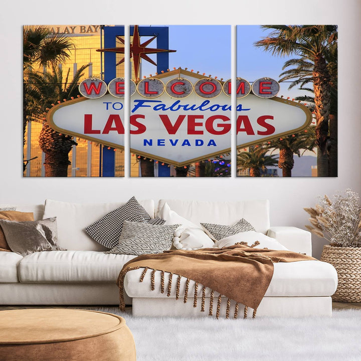 A Las Vegas Wall Art Canvas Print hangs on the wall, showcasing the iconic Welcome to Fabulous Las Vegas, Nevada sign. The museum-quality canvas guarantees vibrant colors with its UV-protective coating and is available with free shipping for added convenience.