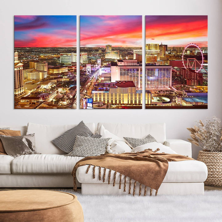 Las Vegas Wall Art Canvas Print depicting a vibrant cityscape at dusk on museum-quality canvas with a UV-protective coating, showcasing a skyline with colorful clouds.