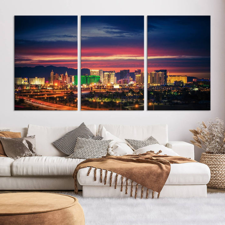 The living room is adorned with the Las Vegas Wall Art Canvas Print, a triptych showcasing a cityscape at sunset. This piece is crafted on museum-quality canvas and protected by a UV-coated finish, highlighting the craftsmanship of a skilled professional.