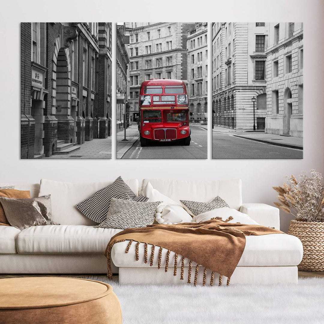 The living room features museum-quality London Red Bus Wall Art, showcasing a split canvas print of a red bus on a black and white city street. This artwork is ready to hang and includes a UV-protective coating to ensure long-lasting vibrance.