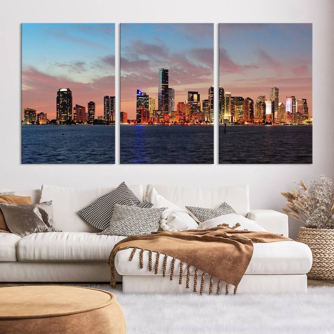 The Wall Art MIAMI Canvas Print emphasizes a vibrant cityscape at sunset. This artwork is presented on museum-quality canvas with gallery-wrapped edges, ensuring it stands out while maintaining its pristine condition for years to come.