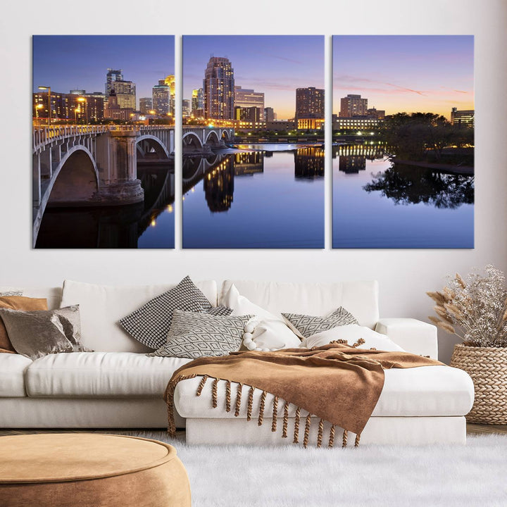 Display the Minneapolis Wall Art Canvas Print, featuring the Minnesota cityscape at dusk, on gallery-wrapped, museum-quality canvas.