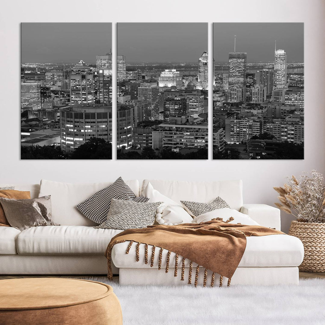 The gallery-wrapped, museum-quality canvas print features the Montreal Canada City Wall Art, showcasing a cityscape at night in black and white.