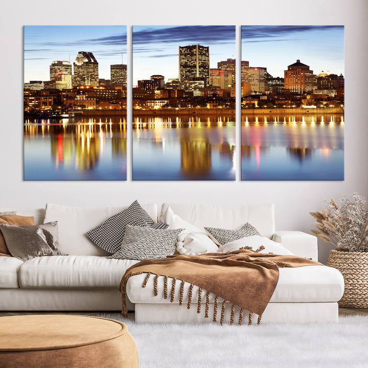 A Montreal Canada City Wall Art Canvas Print, depicting the cityscape at dusk and reflecting in calm waters, is crafted with museum-quality canvases and a UV-protective coating. This remarkable piece guarantees vibrant colors that remain stunning and ready to hang for years to come.