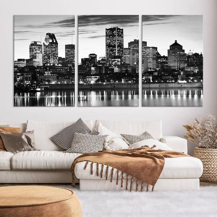 The contemporary living room features the Montreal Canada City Wall Art Canvas Print, an elegantly gallery-wrapped triptych on museum-quality canvas, prominently hung above.