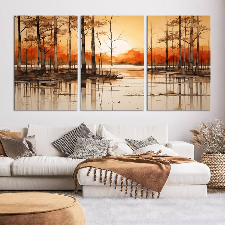 An Abstract Watercolor Trees and Sunset on Lake Wall Art Canvas Print, created on museum-quality canvas.