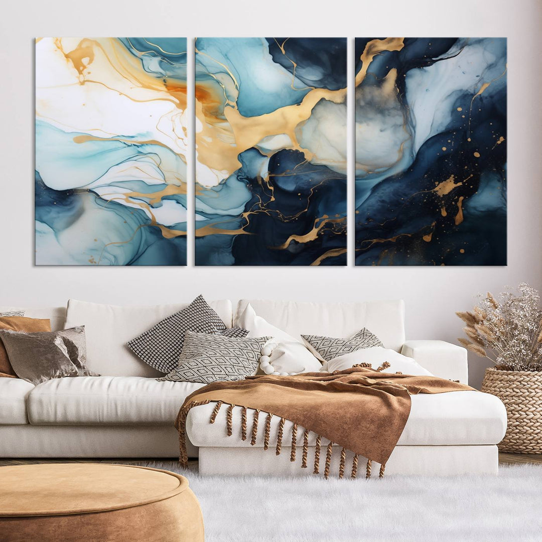 The living room is enhanced by the Marble Fluid Abstract Wall Art Canvas Print, which adds a touch of sophistication.