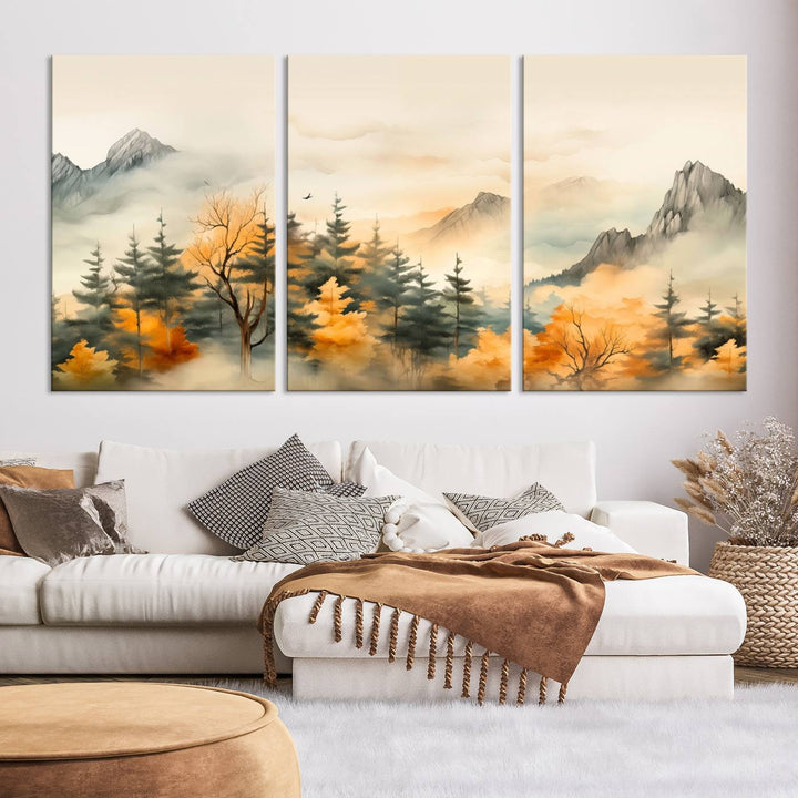 Gallery-wrapped on museum-quality canvas, the Abstract Watercolor Mountains and Trees Autumn painting displays a serene mountain landscape with autumn-colored trees.