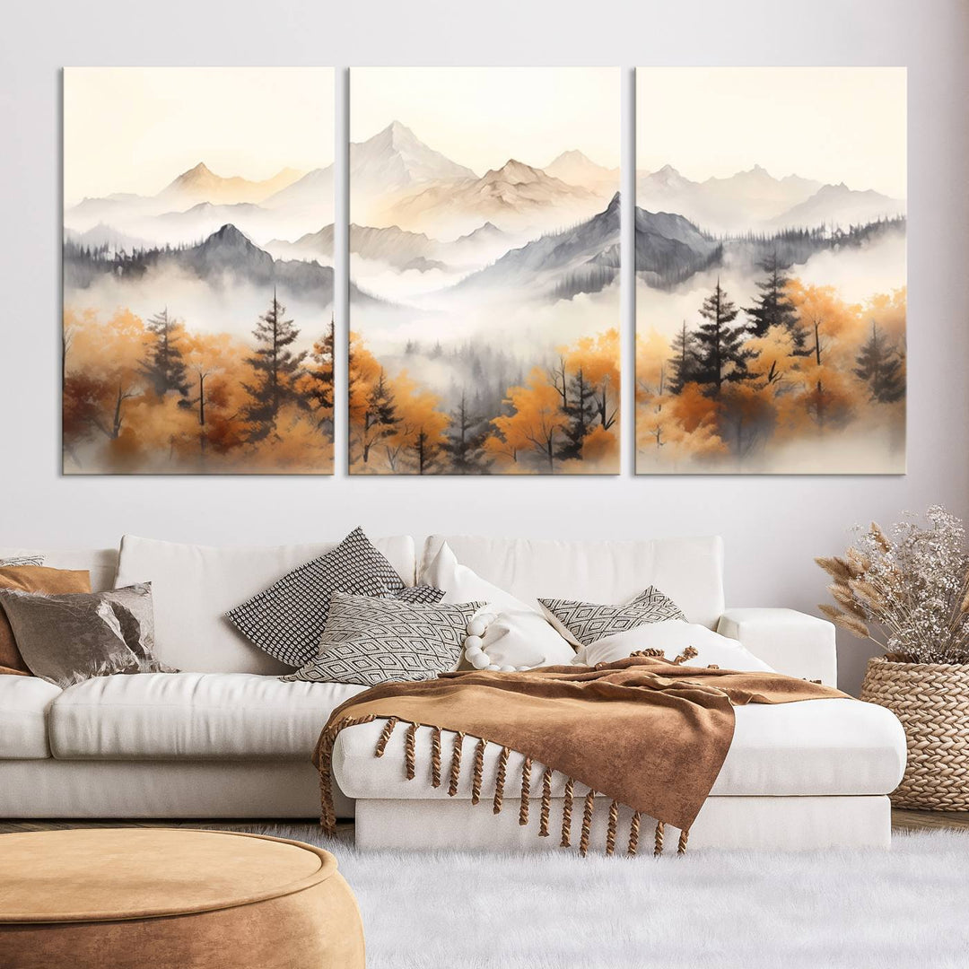 Impresión en lienzo de arte de pared minimalista de otoño de montañas y árboles de acuarela abstracta para decoración moderna del hogar, oficina, sala de estar y comedor