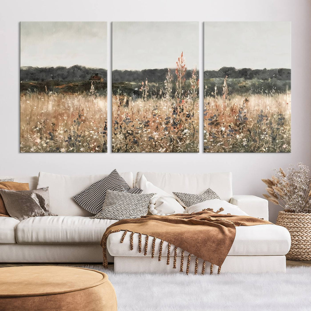 Abstract Wildflower Field Landscape Oil Painting Print, Country Field Wall Art - Framed Ready to Hang