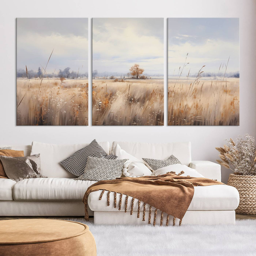 The modern living room features the Golden Fields Canvas Wall Art Print – Serene Landscape of Nature’s Tranquility in Minimalist for Farmhouse Decor, showcasing serene golden fields that enhance the calming ambiance.