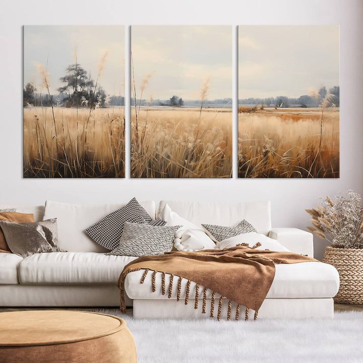 A Wildflower Field Landscape Oil Painting, showcasing a vintage art print of a serene field with tall grasses and distant trees, is beautifully presented on museum-quality canvases with gallery-wrapped edges.