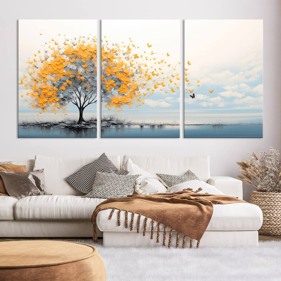 Abstract tree with yellow butterflies canvas wall art in a modern living room setting.