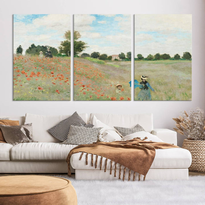 The Claude Monet The Poppy Field Canvas Print features a scene of a serene meadow with blooming flowers and a woman and child. It is printed on museum-quality canvas with UV-protective coating.