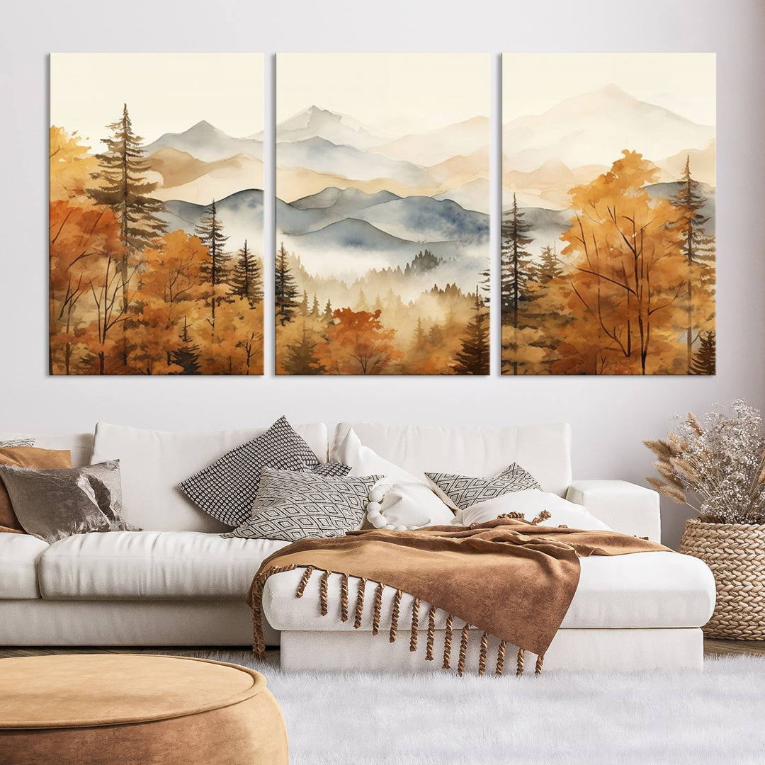 Abstract Mountain Mist Canvas Wall Art – Tranquil Autumn Forest and Misty Peaks - Ready to Hang