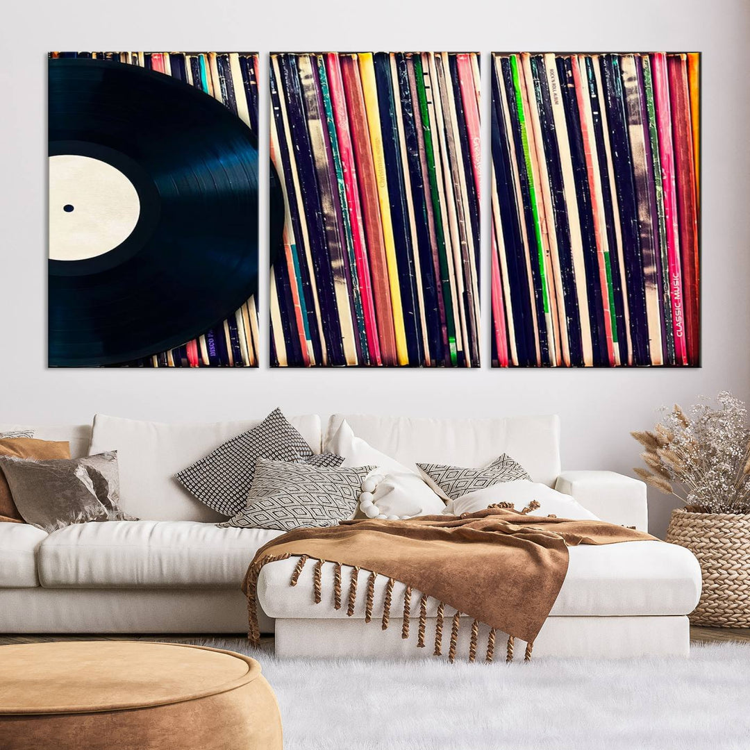 The room showcases the "Vinyl Record and Album Collection Canvas Wall Art," a perfect retro music decor piece for vintage vinyl lovers.