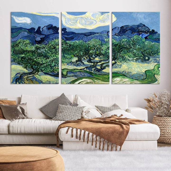 The Olive Trees Van Gogh Wall Art Canvas Print enhances the living room with its vivid landscape on museum-quality canvas, complete with a UV-protective coating.