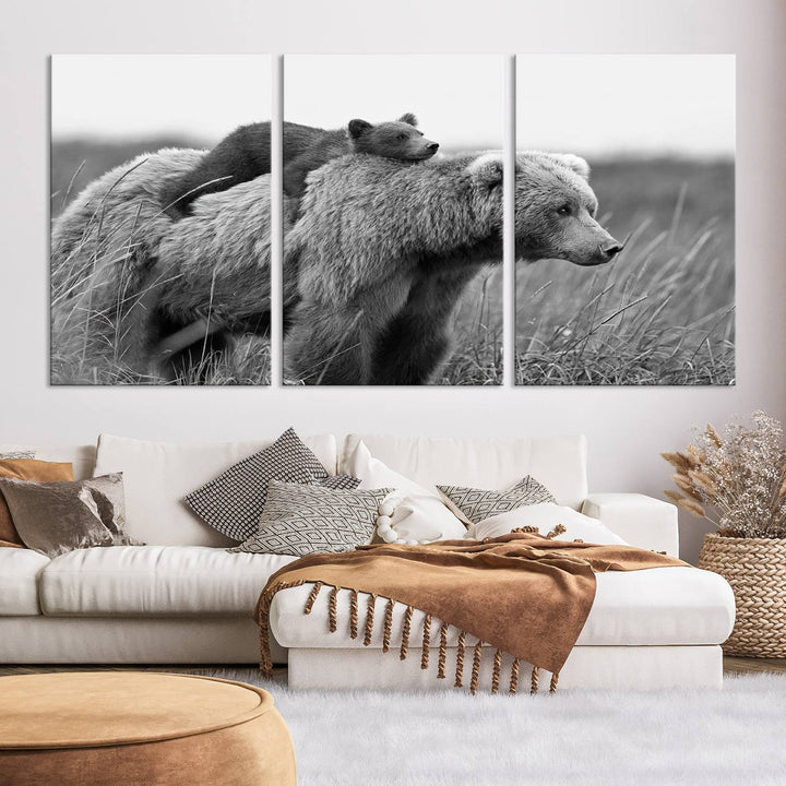 Baby Bear and Mom Bear Family Black & White Canvas Print Wall Art Canvas